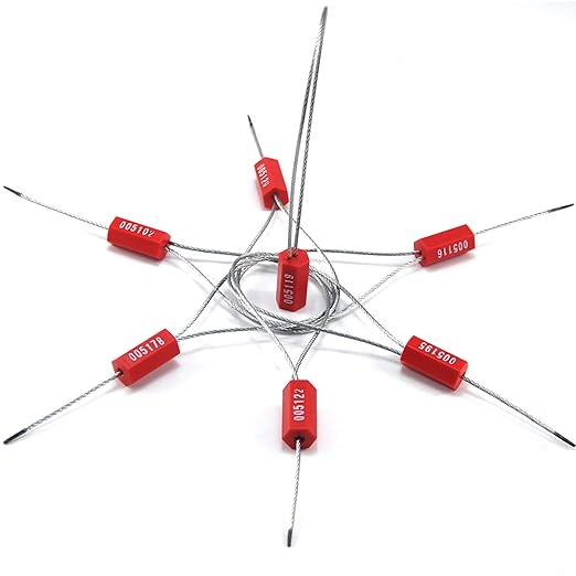50 Numbered Steel Cable Security Seals - Metal Wire Tamper Seals, Pull Tight Cable Tie for Containers (Red)