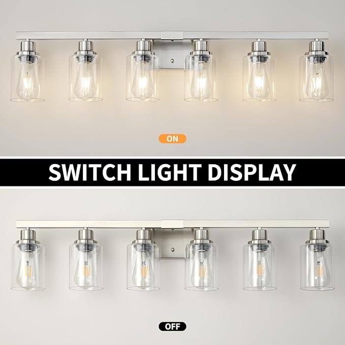 Bathroom Vanity Light, 6-Light Nickel Modern Matte Wall Sconce Lighting with Clear Glass Shade, Wall Lights,Bath Vintage Wall Mounted Lamps for Mirror Bedroom Living Room