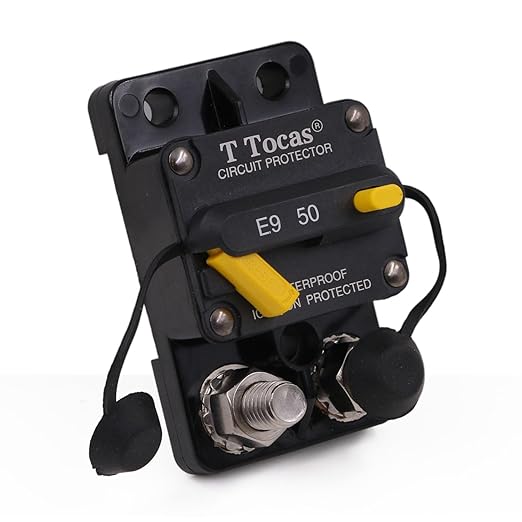 E9 Series 50 Amp Circuit Breaker with Manual Reset, Surface Mount, 12V - 72V DC, 50A Double 3/8" Stud Waterproof IP67