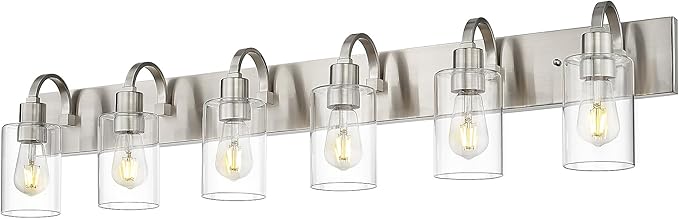 Emliviar Large Bathroom Wall Light, 6-Light Industrial Bathroom Lighting Fixtures Over Mirror, Brushed Nickel Finish with Clear Glass, YCE237B-6W BN