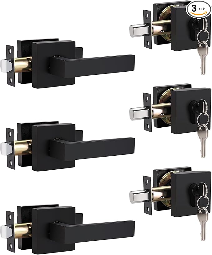 3 Pack Keyed Entry Door Lock with Deadbolt Set, Reversible Passage Lever and Keyed Alike Single Cylinder Deadbolt, Black Front Door Handle, Matte Black Square Handleset for Bedroom, Front Door