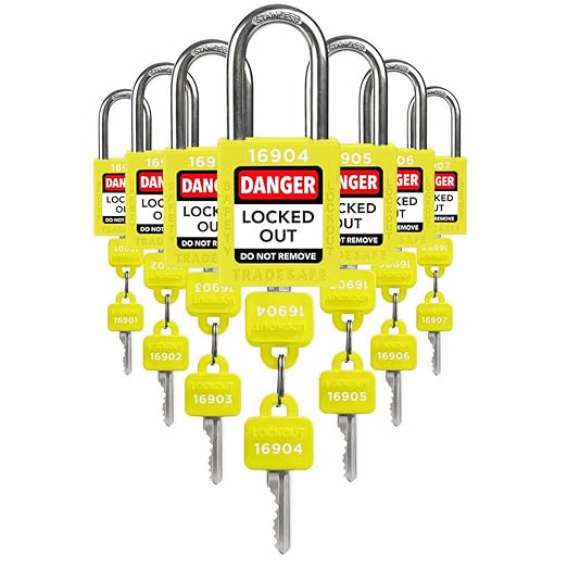 TRADESAFE Lockout Tagout Locks Set - 7 Yellow Loto Locks, Lockout Locks Keyed Different, 2 Keys Per Lock, OSHA Compliant Lock Out Tag Out Padlocks, Safety Padlocks for Electrical Lockout Tag Out Kits