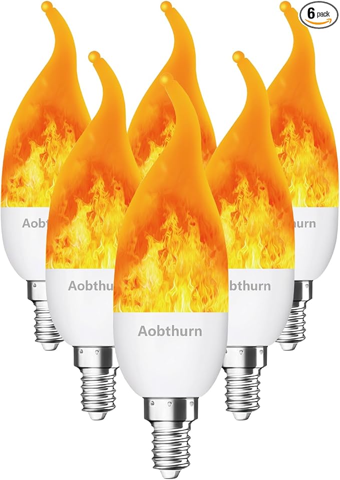 Flickering Light Bulbs, 3 Modes LED Flicker Effect Light Bulb, E12 Base Flame Light Bulb with Gravity Sensor, Fire Light Bulbs Halloween Home Party (6 Pack-E12)