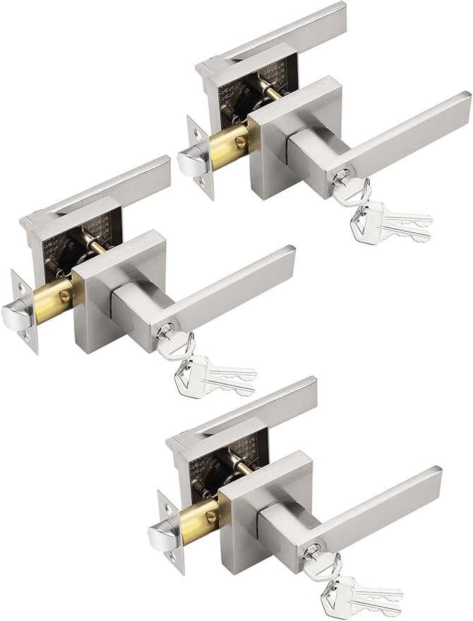 3 Pack Square Entry Door Levers with Lock and Key, Brushed Nickel Entrance Door Handles, for Exterior or Interior Doors, Bedroom, Office, Hotel (Each with 3 Keys)