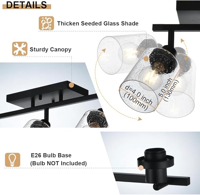 5-Light Track Lighting Fixtures, Black Flush Mount Ceiling Light Bathroom Wall Sconce Spotlight, Seeded Glass Shade