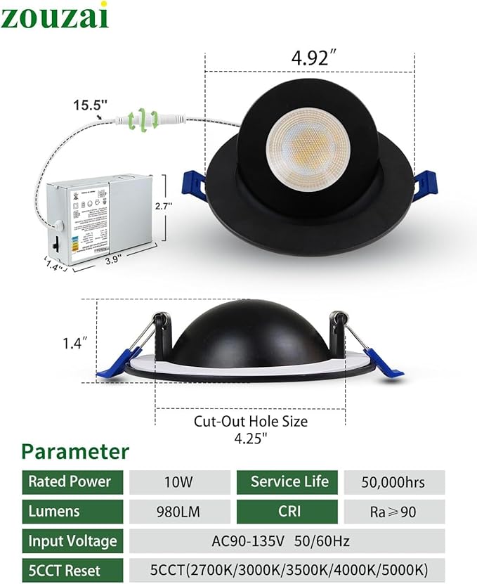 zouzai 4 inch 5CCT Gimbal Black Led Recessed Lights, 360°+90° Adjustable Directional Recessed Lighting, 2700K-5000K Dimmable Retrofit Eyeball Can Lights with Jbox, ETL&Energy Star(Black,1 Pack)
