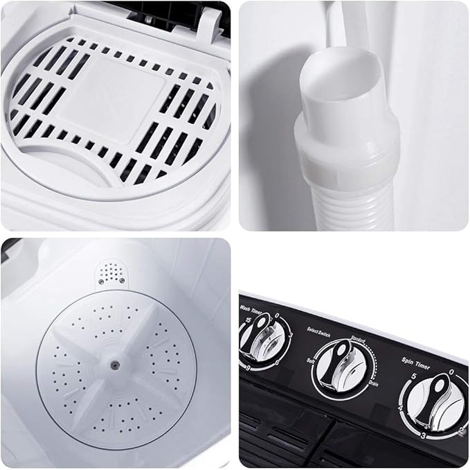Clothes Washing Machines,SAFEPLUS Compact Mini Twin Tub Versatile Washer Machine with 8 lbs Washing &5 lbs Spin Dryer Load Cappacity Gravity Drain Pump and Drain Hose for Apartment Black