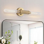 Gold Knurled Texture Wall Sconces 24" Modern Cylinder Bathroom Vanity Lights Fixtures with Clear Striped Glass Shade 2-Lights Indoor Wall Lighting for Living Room Bedroom Kitchen