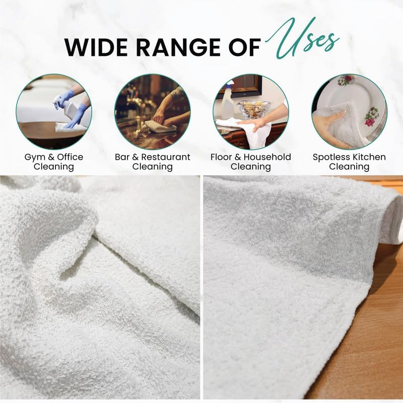 White Terry Bar Mop Towels 200 Pcs (Approx)- 100% Cotton Ultra-Absorbent Cleaning Rags, Perfect Washable Kitchen Rags for Bars, Restaurants & Home - Multipurpose (25 lbs. Box)