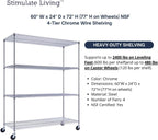 60"x24"x72" PRIME HEAVY DUTY Chrome 4-Tier Wire Shelving NSF 2400 LBS MAX Capacity Storage Rack for Commercial, School, Home, Garage, Warehouse, Industrial, and Hospital Uses (with Wheels)