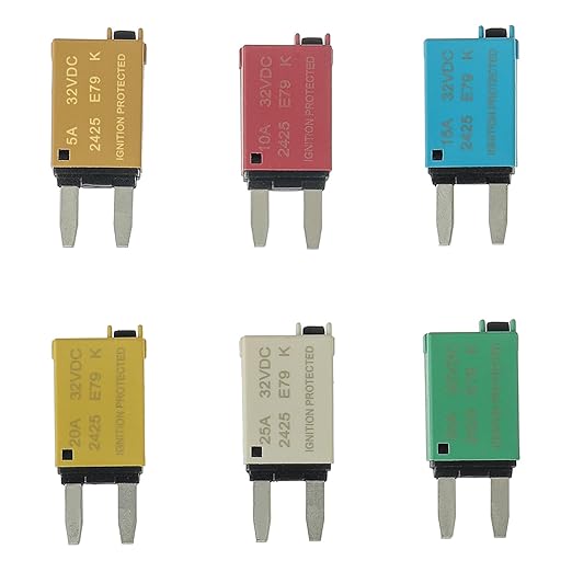5A 10A 15A 20A 25A 30A DC 12V-32V Manual Reset Circuit Breaker ATM Low Profile T1 Mini Blade Fuses Breakers for Car Trucks Marine Boat RV Solar and More,2 Pack