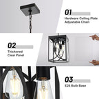 4-Lights Large Outdoor Pendant Lights, Black Hanging Porch Lighting Fixture with Clear Glass, E26 Bulb Base Exterior Lantern Chandelier Ceiling Mount for Front Door Patio Garden