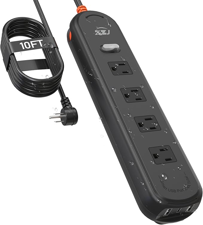 Outdoor Power Strip Weatherproof, 7-in-1 Surge Protector with 4 Wide Outlets 2USB A and 1USB C,1875W/15A, 10FT Flat Plug Multi-Plug Outdoor Extension Cord for Indoor Outdoor, UL FCC Listed