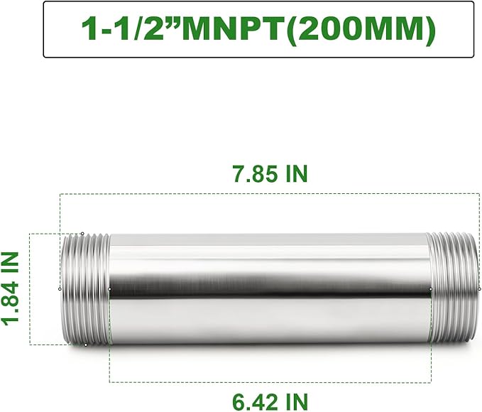 TAISHER 1PCS Stainless Steel Pipe Fittings, 1-1/2" NPT Male x 1-1/2" NPT Male Threaded, 8" Length Nipple Cast Pipe