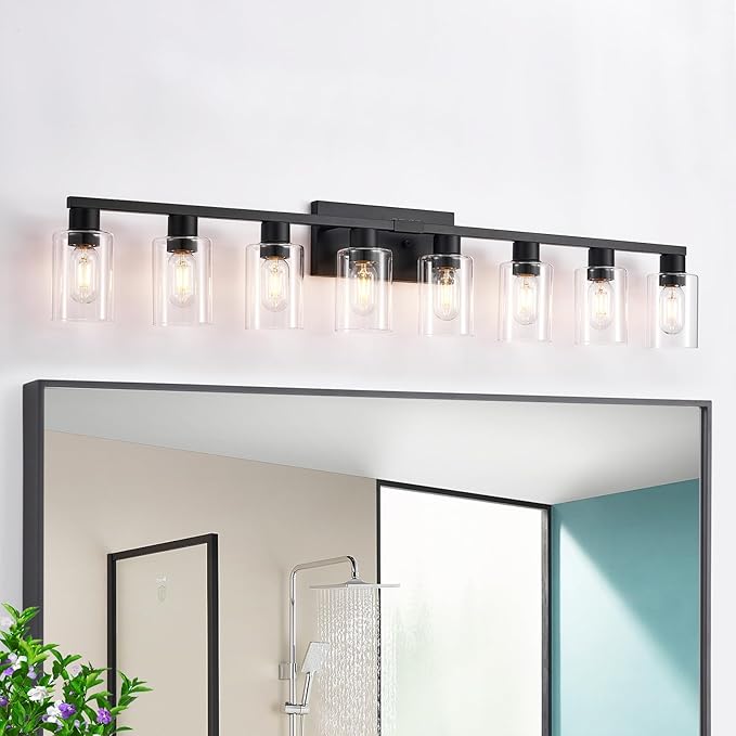 8 Light Bathroom Vanity Light, Matte Black Bathroom Vanity Lights Over Mirror with Sturdy Clear Glass Shade, 8 Lights Count Large Bath Light Fixtures for Mirror, Bedroom, Living Room, Wall Sconce