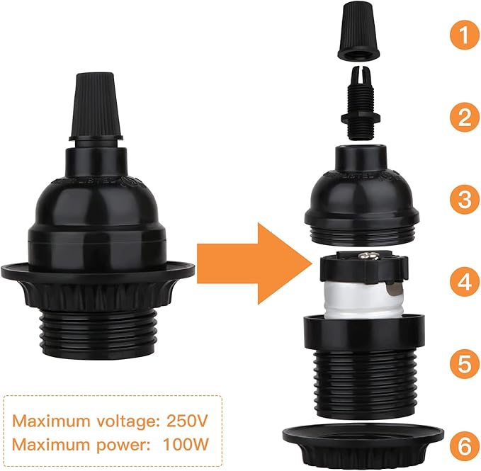 8 Pack E26 E27 Light Sockets, Black Medium Screw Base with Shade Ring, Retro Period Style Edison Lamp Holder, Replacement DIY Making Light Bulb Socket Cover Pendant Lamp Holder Keyless Lamp