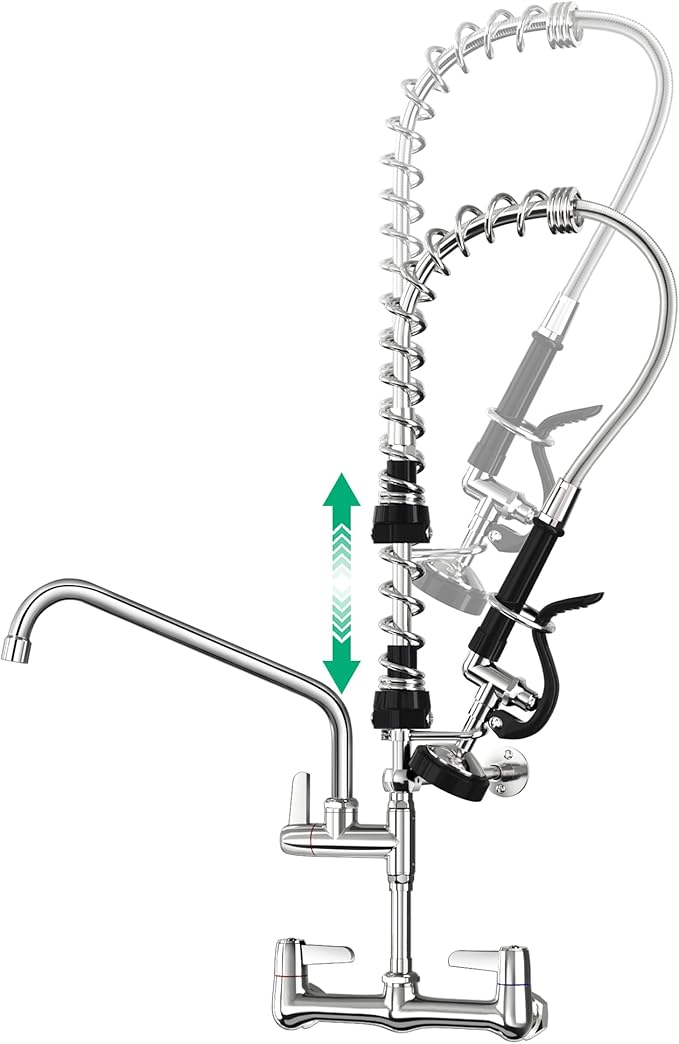 Commercial Sink Faucet with Pre-Rinse Sprayer -Height Adjustable (25-32 inch) Wall Mount Industrial Kitchen Faucet 8 inch Center with Pre-Rinse Sprayer and 12 Inch Swivel Spout