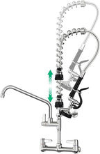 Commercial Sink Faucet with Pre-Rinse Sprayer -Height Adjustable (25-32 inch) Wall Mount Industrial Kitchen Faucet 8 inch Center with Pre-Rinse Sprayer and 12 Inch Swivel Spout
