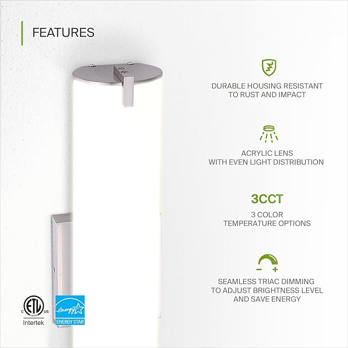 ASD LED 24" Vanity Wall Mount Light Fixture, Linear Bathroom Lighting Bar | 3CCT, Dimmable, Energy Star, ETL Listed | 25W 1950LM 3000-5000K 120V | Long Tube Bath Sconce Over Mirror | Nickel