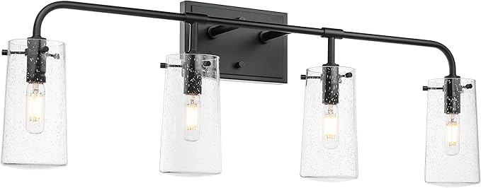 XiNBEi Lighting Bathroom Vanity Light, Industrial 4 Light Vanity Light Black Wall Light Fixture with Clear Seeded Glass Over Mirror XB-W1283-4-MB