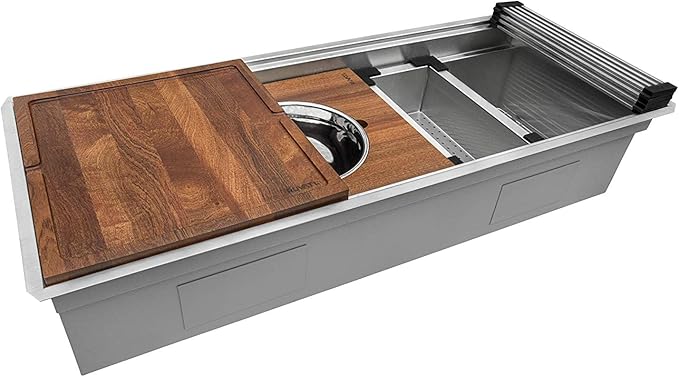Ruvati 69-inch Undermount Workstation Kitchen Sink – 16 Gauge Stainless Steel Single Bowl with Two-Tiered Ledges & Accessories – RVH8666