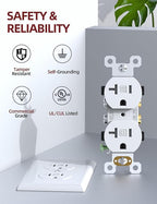 AIDA 20 Amps Outlets Duplex Electrical Receptacle Outlets,Tamper Resistant,Heavy-Duty Receptacle Wall Outlet,Residential,TR,3-Wire, Self-Grounding Clip, NEMA 5-20R,UL Listed (10 Pack, White)
