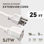 25ft Outdoor Extension Cord - 16/3 Heavy Duty SJTW Waterproof White Electrical Cable with 3 Prong Grounded Plug for Safety, Great for Lawn and Major Appliances