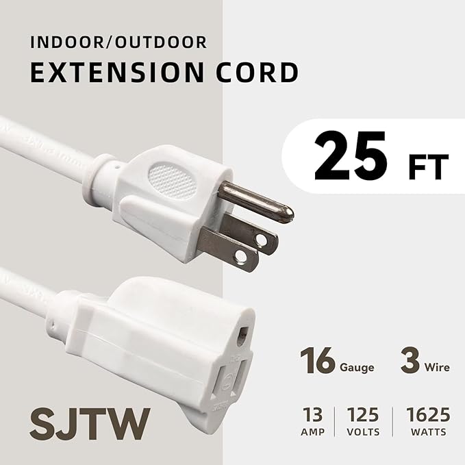 25ft Outdoor Extension Cord - 16/3 Heavy Duty SJTW Waterproof White Electrical Cable with 3 Prong Grounded Plug for Safety, Great for Lawn and Major Appliances