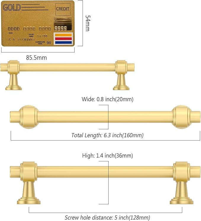 Amerdeco 10 Pack Brushed Gold Cabinet Pulls 5 Inch(128mm) Hole Center Drawer Pulls Cabinet Hardware Kitchen Cabinet Handles for Bathroom Dresser Pulls ZH0069