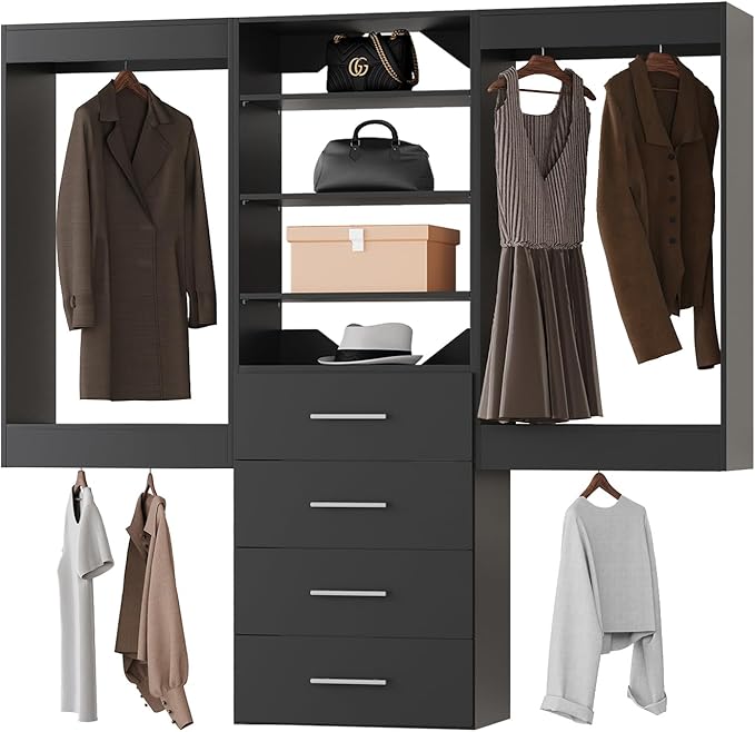 Modular Closet System, 60" Wide Closet Organizer System with Hanging and Drawers, Wood Tower Closet Storage for Walk In Closets, Wall Mounted Wardrobe Organizer Kit System, Bedroom, Black