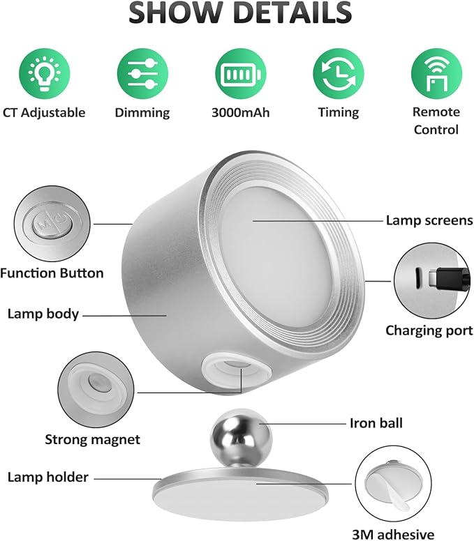 Lightbiz LED Reading Lights, Wall Lights Sconces with Remote Rechargeable Battery Operated, 3 Color Temperatures & Dimmable Light Magnetic Ball 360°Rotation, Lamps for Study Bedside Closet
