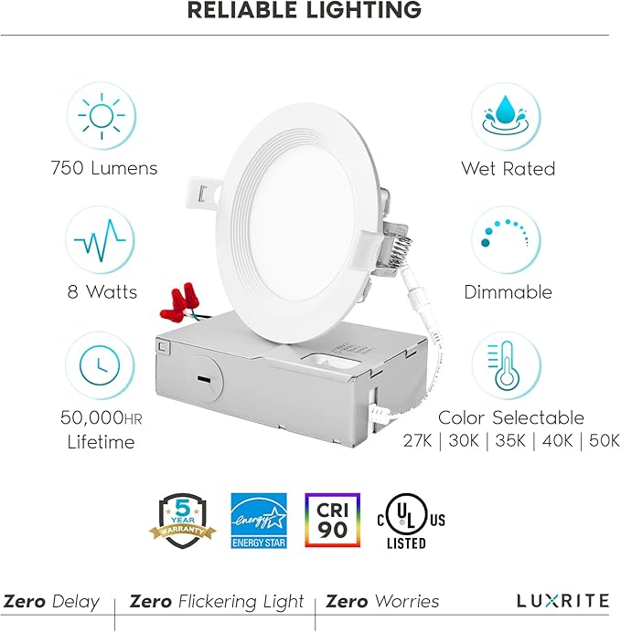 LUXRITE 4 Inch Ultra Thin LED Recessed Lighting, 10.5W, 5 Color Selectable 2700K | 3000K | 3500K | 4000K | 5000K, CRI 90, 750 Lumens, Dimmable LED Wafer Lights, Wet Rated, Baffle Trim (6 Pack)