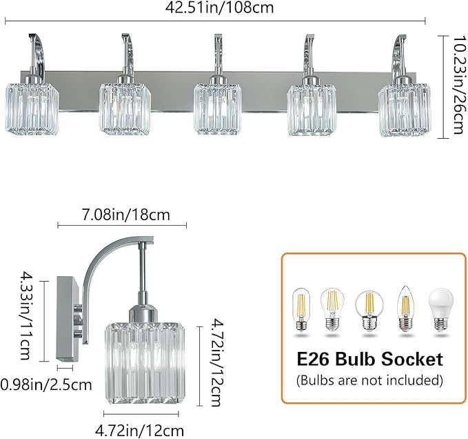Crystal Vanity Lights 5-Light Chrome Bathroom Vanity Lights Modern Crystal Bathroom Light Fixtures Over Mirror 42.51" Long Vanity Light for Bathroom