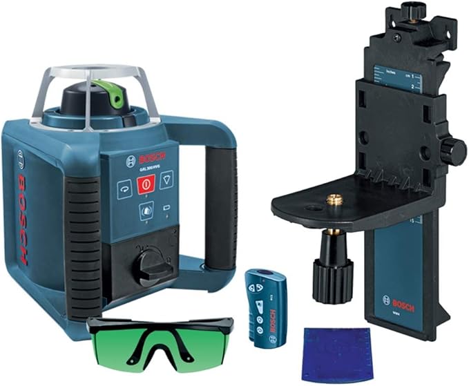 BOSCH GRL 300 HVG Self-Leveling Green-Beam Rotary Laser, Includes 2 D Batteries, Remote Control, Wall Mount, Laser Target, Laser Glasses, & Carrying Case
