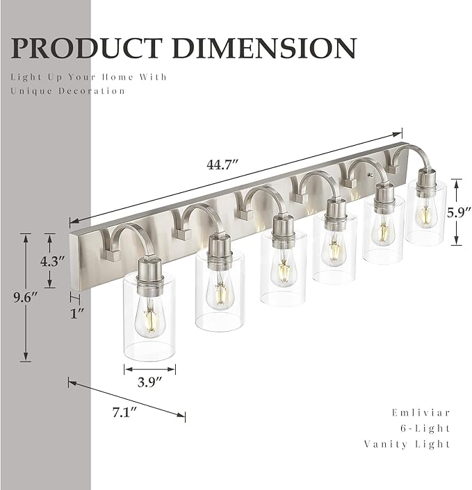 Emliviar Large Bathroom Wall Light, 6-Light Industrial Bathroom Lighting Fixtures Over Mirror, Brushed Nickel Finish with Clear Glass, YCE237B-6W BN
