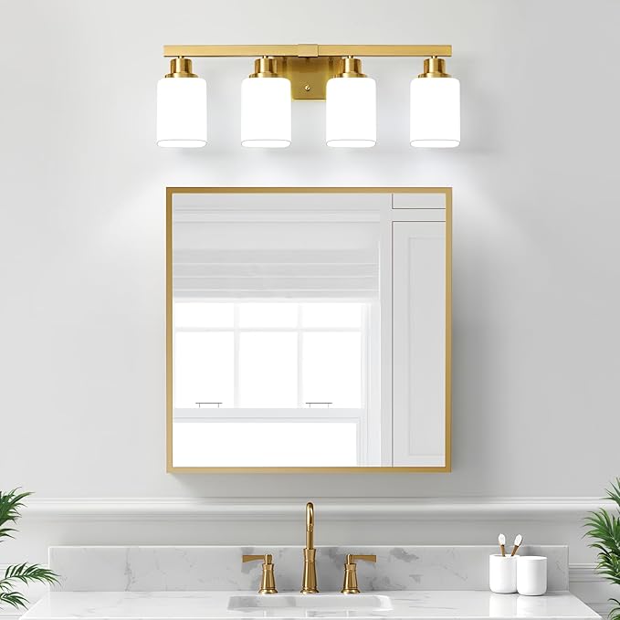 Brushed Gold Bathroom Vanity Light,4-Light Bathroom Light Fixtures with Square Frosted Glass,Gold Bathroom Wall Lamp Sconces for Mirror Bedroom,Living Room Hallway,E26