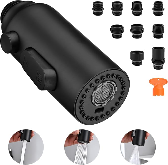 Stainless Steel Kitchen Faucet Head Replacement, Matte Black 3-Function Pull Down Spray Head for Pull-out Kitchen Faucet, High Pressure Sink Spray Nozzle with 9 Adapters Compatible with Most Faucets