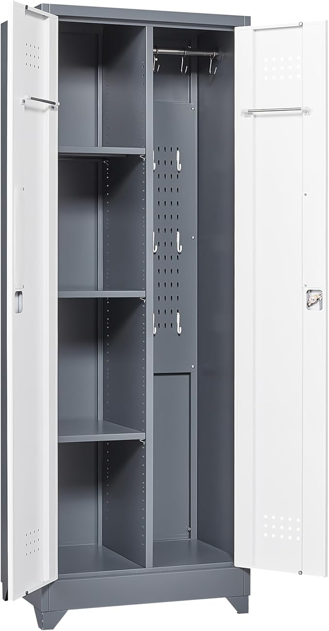FLEXIMOUNTS 65'' Tall Metal Storage Cabinet with Locking Door, Large Cleaning Tool Organizer for Brooms, Garage, Laundry Room, Bathroom, Grey-White