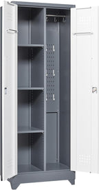 FLEXIMOUNTS 65'' Tall Metal Storage Cabinet with Locking Door, Large Cleaning Tool Organizer for Brooms, Garage, Laundry Room, Bathroom, Grey-White