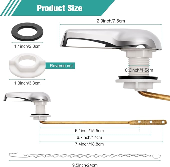 Universal Metal Front Mount Toilet Handle Replacement Kit Chrome Toilet Handle Brass Lever with Stainless Steel Chain Front Universal Flusher Replacement Kit