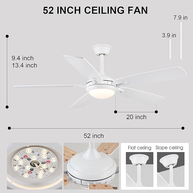 52 Inch Ceiling Fans with Lights and Remote, Modern Indoor Outdoor Ceiling Fan for Bedroom Living Room Patio Porch, 6 Speeds, Reversible Quiet Motor, Dual Finish Wooden Blades, White
