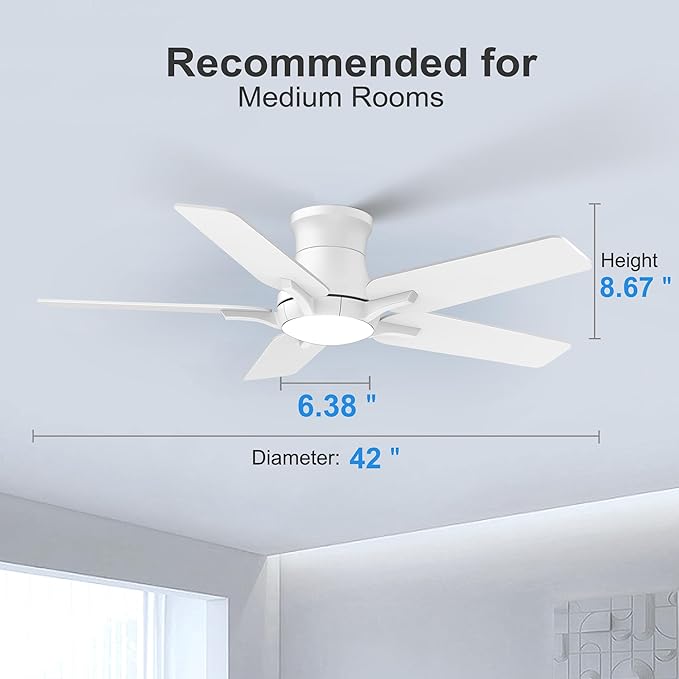 42 Inch White Ceiling Fans with Lights and Remote, Flush Mount Low Profile Ceiling Fan for Bedroom, Living Room, Patio, Dimmable 6 Speeds Noiseless Reversible, ETL Listed