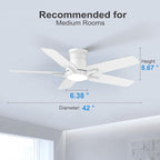 42 Inch White Ceiling Fans with Lights and Remote, Flush Mount Low Profile Ceiling Fan for Bedroom, Living Room, Patio, Dimmable 6 Speeds Noiseless Reversible, ETL Listed