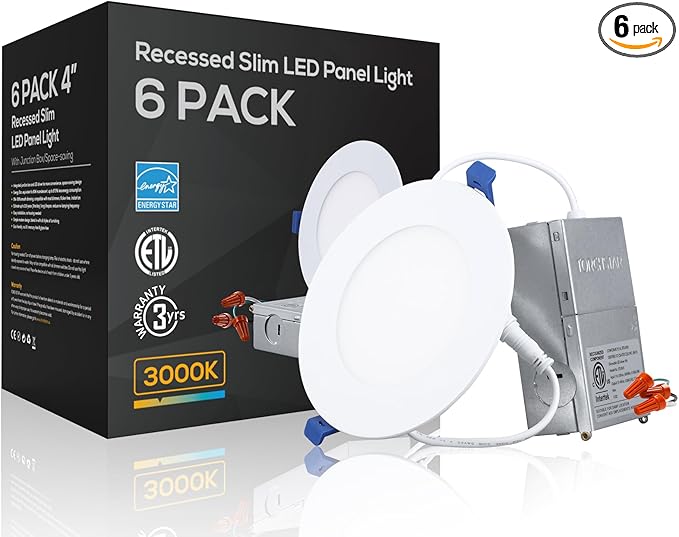 TORCHSTAR 4 Inch Slim LED Recessed Lighting with Junction Box, CRI90 Dimmable 9W Ultra-Thin Recessed Light, 3000K Warm White, 800LM Basic Series LED Downlight, ETL & ES & FCC, Pack of 6
