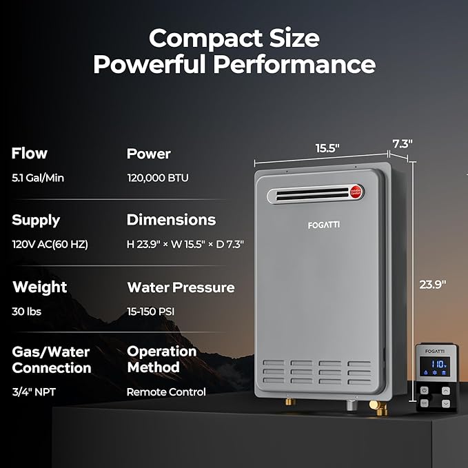 FOGATTI Natural Gas Tankless Water Heater Outdoor - Max 5.1 GPM 120,000 BTU, CSA Certified Compact Design On Demand Instant Hot Water Heater - Instagas Comfort 120S Series