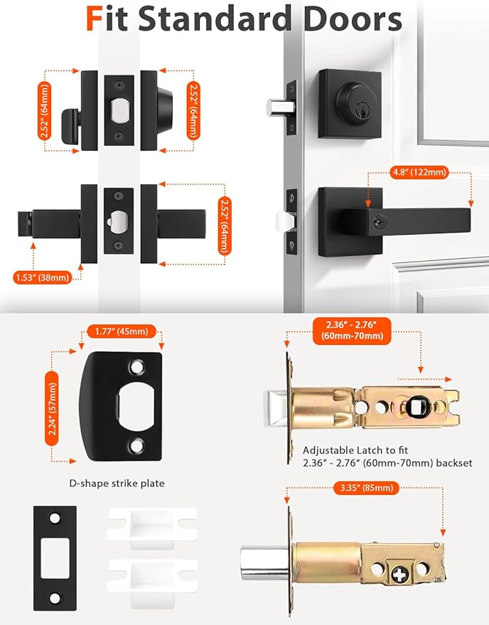 6 Pack Square Keyed Alike Front/Exterior Door Levers with Single Cylinder Deadbolt, Flat Black Entry Door Knob Lock Sets with Deadbolt Combination Sets, for Entrance/Front and Office Doors