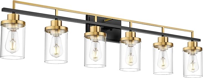 Emliviar Large 6-Light Farmhouse Bathroom Sconces Wall Lighting for Living Room, Modern Vanity Light Over Mirror with Clear Glass Shades, Black and Gold Finish, YCE238B-6W BK+BG