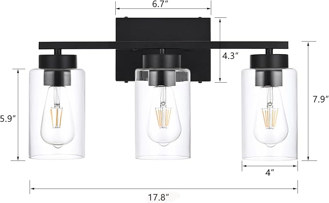 3-Light Bathroom Vanity Light, Modern Black Wall Lights with Clear Glass Shades, Bathroom Wall Sconce Lamp for Mirror Living Room Bedroom Hallway
