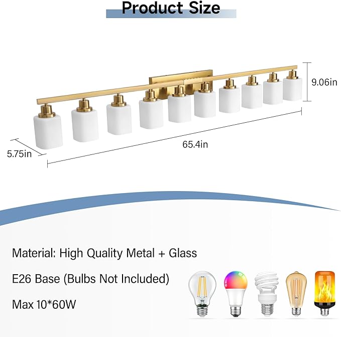 Gold Bathroom Vanity Light,10-Light Brushed Gold Bathroom Light Fixtures with Square Frosted Glass,64.5in Wall Lamp Sconces for Mirror Bedroom,Living Room Hallway,E26