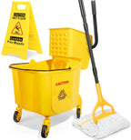 38 Qt Commercial Mop Bucket with Side Press Wringer on Wheels and Mops Set for Floor Cleaning,Including 1 Industrial Mop and Wet Floor Caution Sign,Yellow,Beyoco
